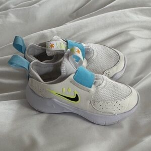 Nike Kids White & Blue Slip-On Sneakers with Neon Yellow Swoosh